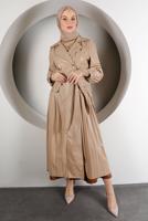 Tesettür giyim BEJ PİLİSE DETAYLI DÜĞMELİ DERİ KAP 98222