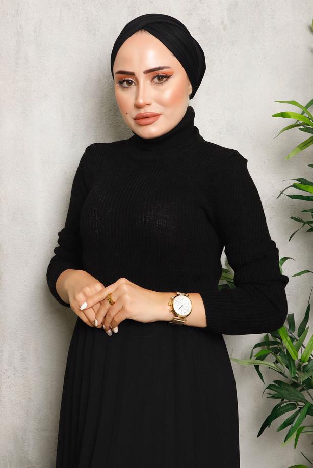 Vêtements hijab NOIR PULL BASIQUE EN MAILLE COL ROULÉ 0092 - TRENDTESETTÜR