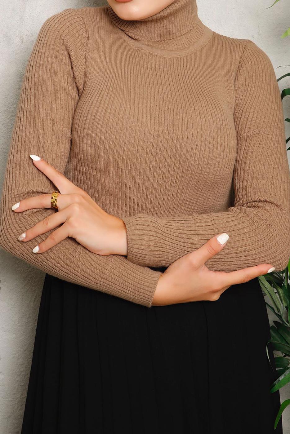 Tesettür giyim KAHVE BASIC BOĞAZLI TRİKO KAZAK 0092	