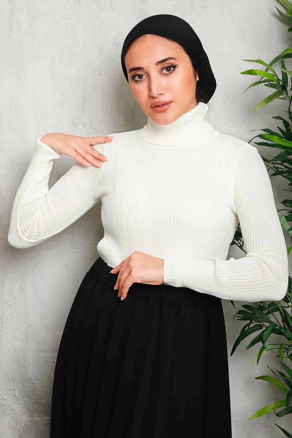 Tesettür giyim EKRU BASIC BOĞAZLI TRİKO KAZAK 0092	