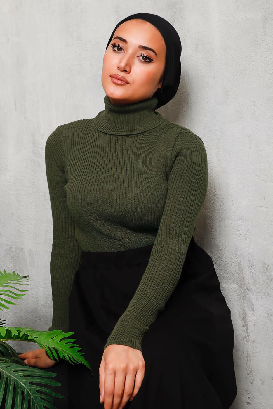 Vêtements hijab KAKI PULL BASIQUE EN MAILLE COL ROULÉ 0092