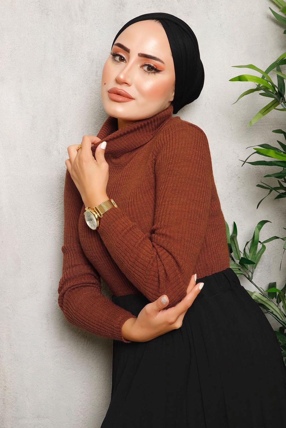Tesettür giyim KAHVE BASIC BOĞAZLI TRİKO KAZAK 0092	