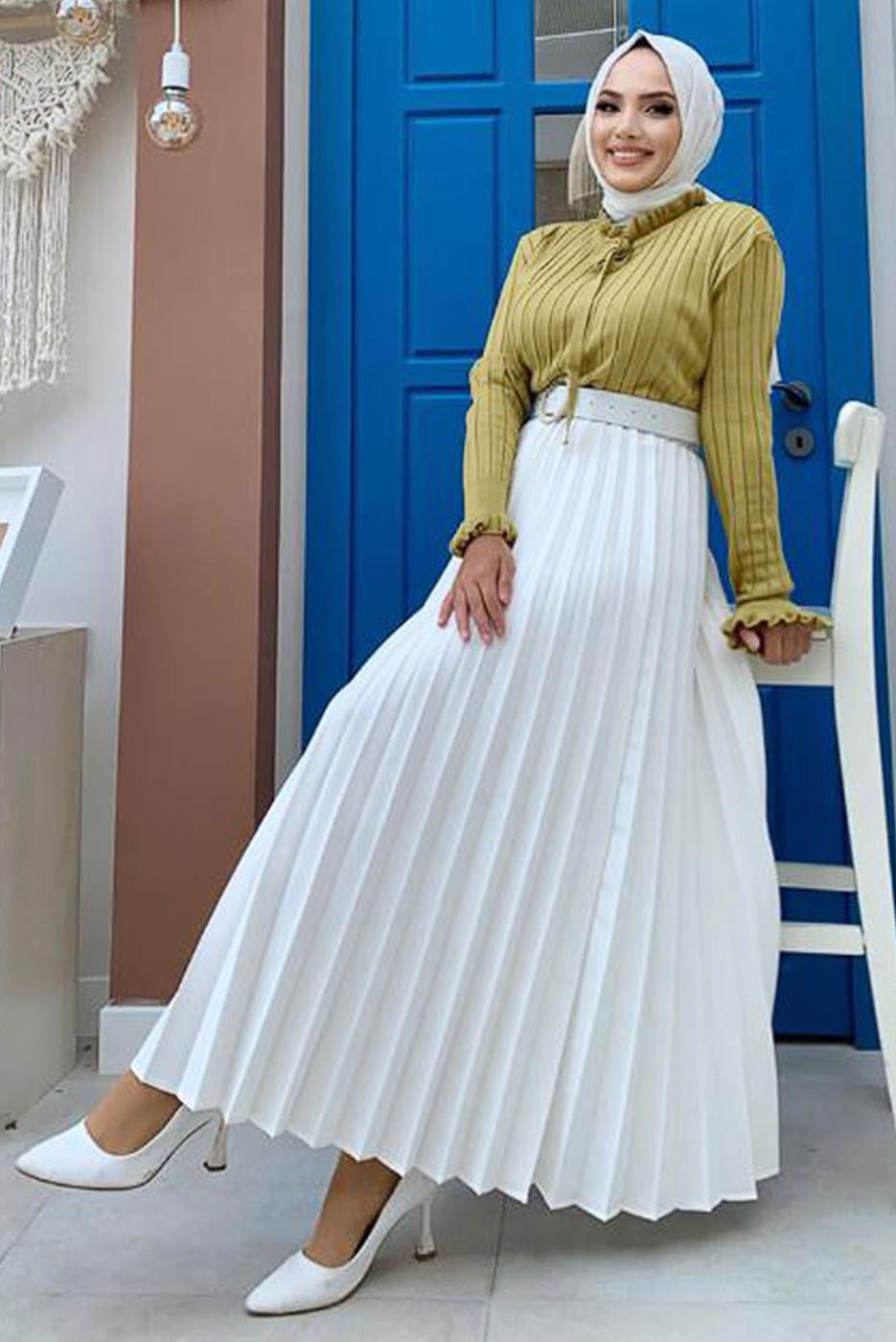 Tesettür giyim YEŞİL BOYUNDAN BAĞLAMALI TRİKO KAZAK 02222 