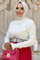 Tesettür giyim EKRU BOYUNDAN BAĞLAMALI TRİKO KAZAK 02222 