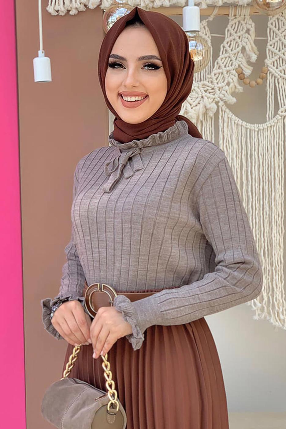 Tesettür giyim VİZON BOYUNDAN BAĞLAMALI TRİKO KAZAK 02222 