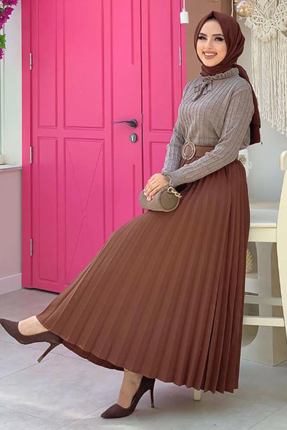 Tesettür giyim VİZON BOYUNDAN BAĞLAMALI TRİKO KAZAK 02222 