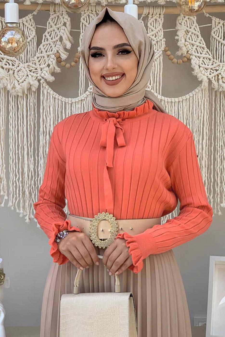 Hijab clothing RED TIED COLLAR KNITWEAR SWEATER 02222 