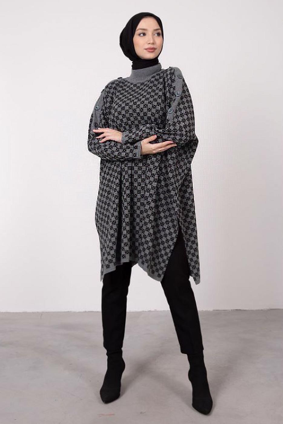 Tesettür giyim GRİ KOLU DÜĞME DETAYLI KARELİ TRİKO PANÇO 1084 