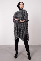 Tesettür giyim GRİ KOLU DÜĞME DETAYLI KARELİ TRİKO PANÇO 1084 