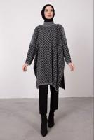 Tesettür giyim GRİ KOLU DÜĞME DETAYLI KARELİ TRİKO PANÇO 1084 
