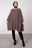 Tesettür giyim PEMBE KOLU DÜĞME DETAYLI KARELİ TRİKO PANÇO 1084 