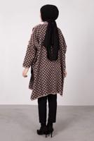 Tesettür giyim PEMBE KOLU DÜĞME DETAYLI KARELİ TRİKO PANÇO 1084 