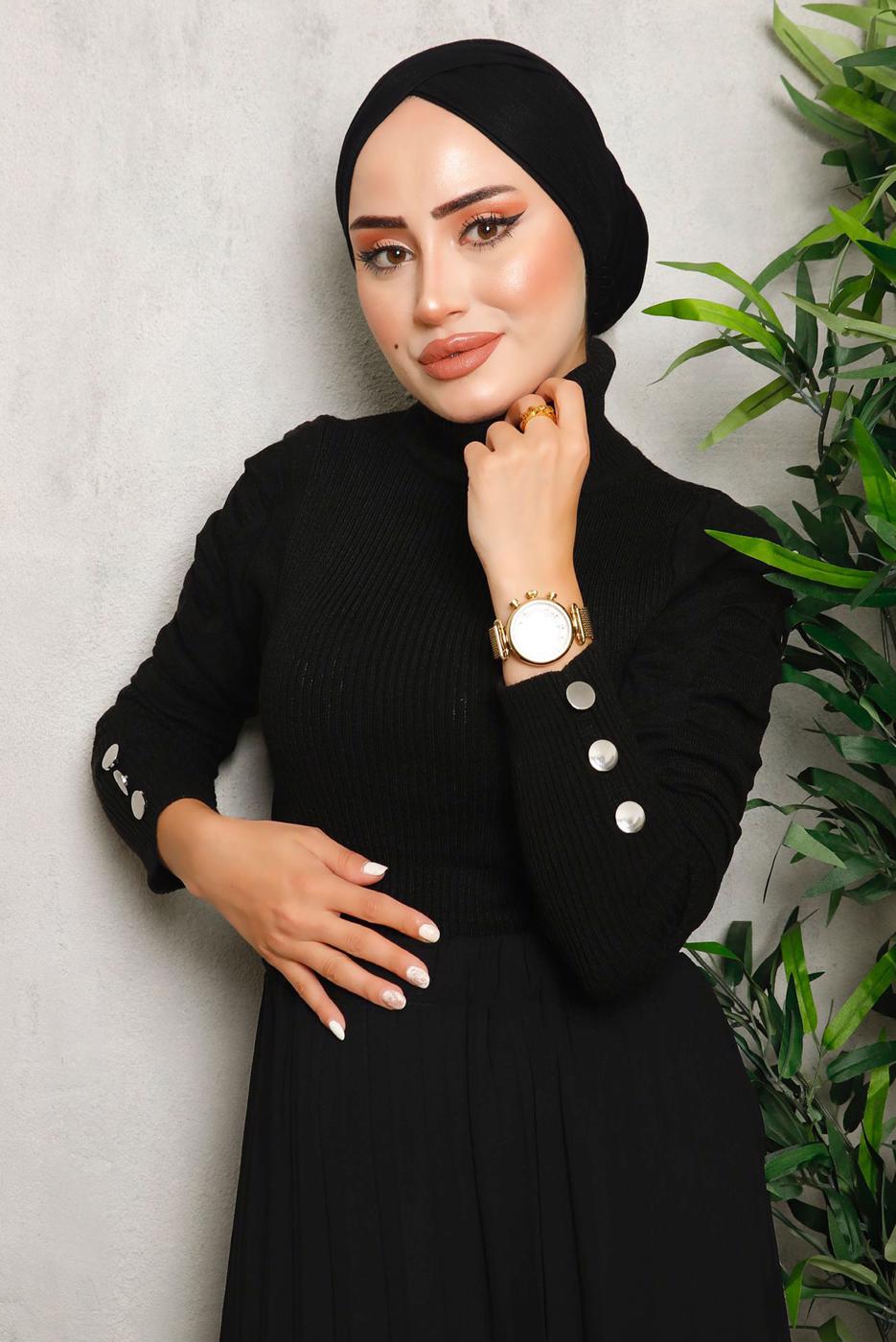Tesettür giyim SİYAH KOLLARI BÜZGÜLÜ TRİKO KAZAK 1092	