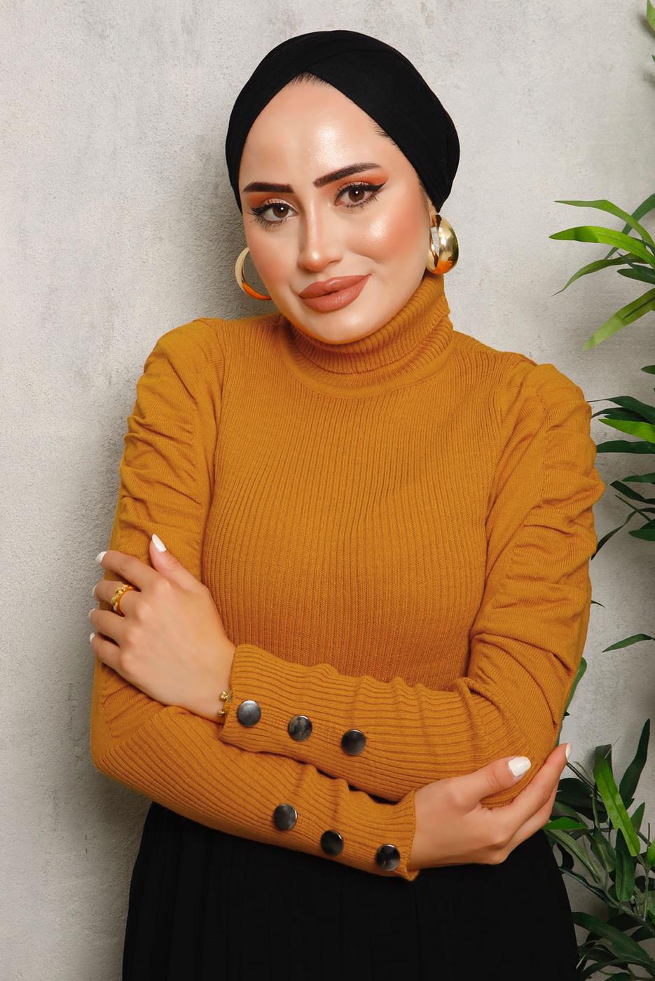 Tesettür giyim TURUNCU KOLLARI BÜZGÜLÜ TRİKO KAZAK 1092	
