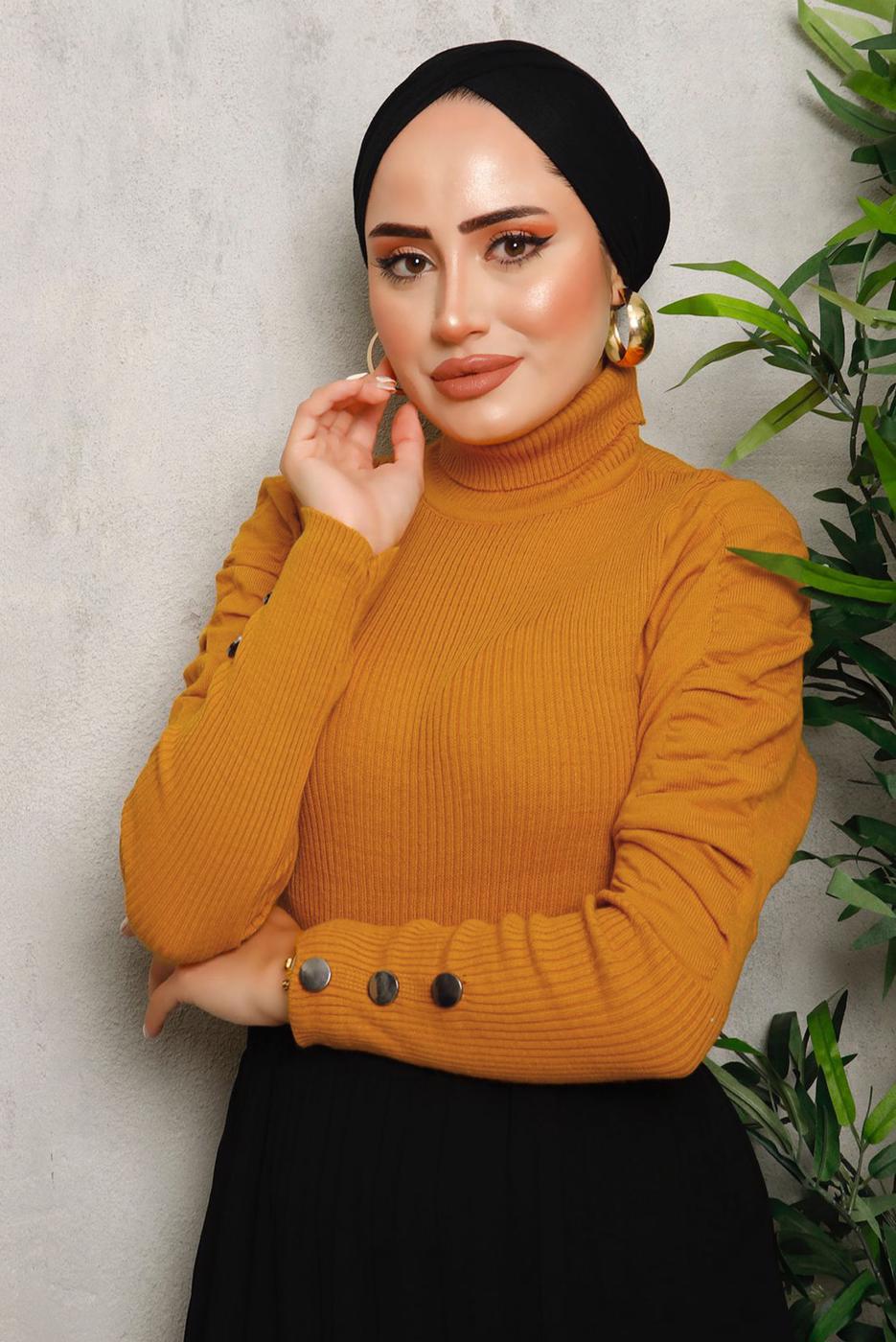 Tesettür giyim TURUNCU KOLLARI BÜZGÜLÜ TRİKO KAZAK 1092	