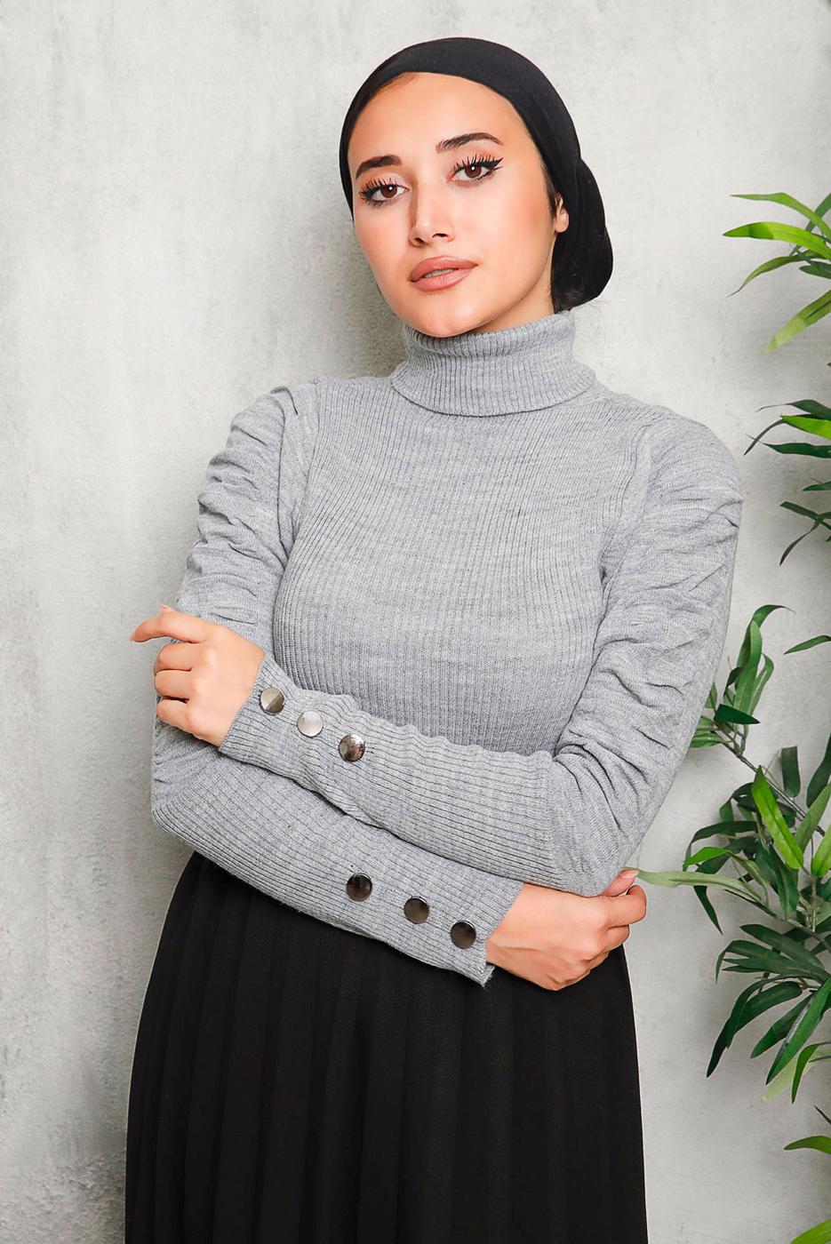 Tesettür giyim GRİ KOLLARI BÜZGÜLÜ TRİKO KAZAK 1092	