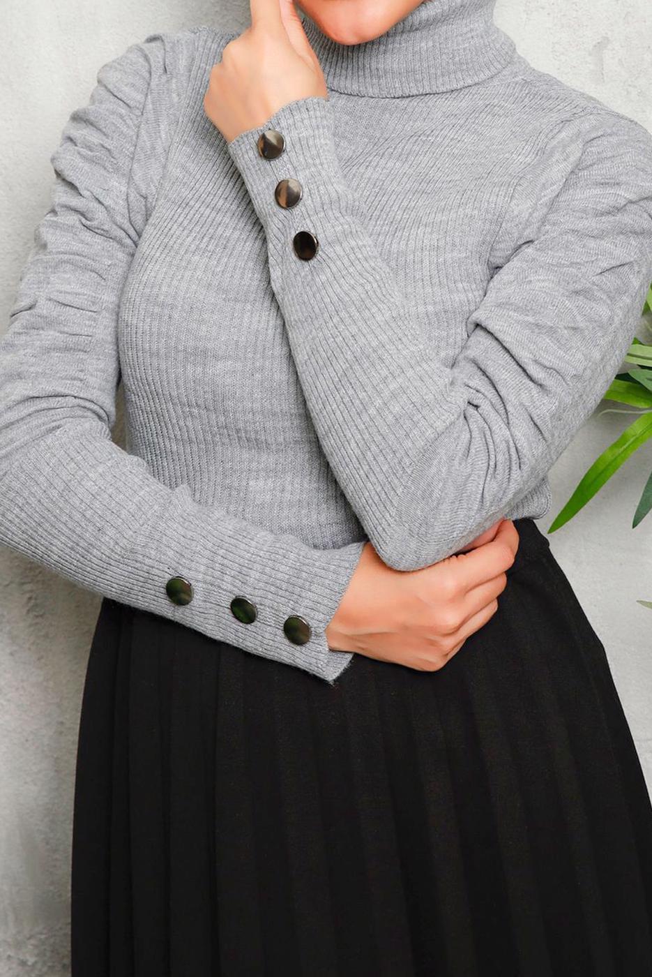 Tesettür giyim GRİ KOLLARI BÜZGÜLÜ TRİKO KAZAK 1092	