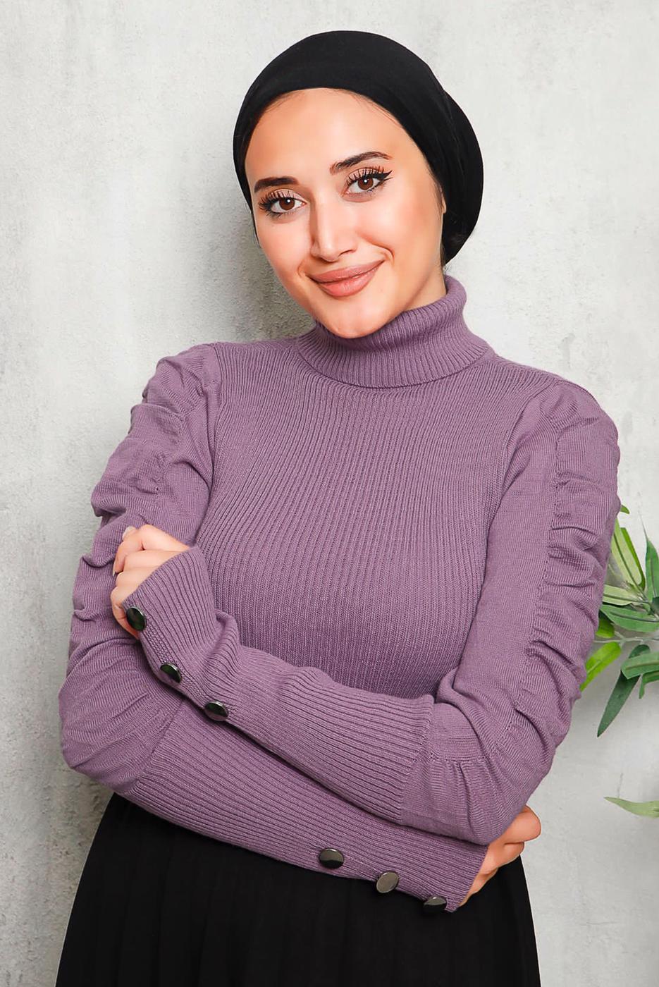 Tesettür giyim MOR KOLLARI BÜZGÜLÜ TRİKO KAZAK 1092	