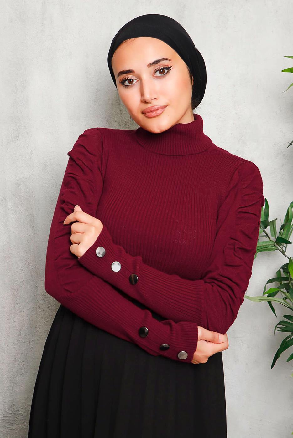 Tesettür giyim BORDO KOLLARI BÜZGÜLÜ TRİKO KAZAK 1092	