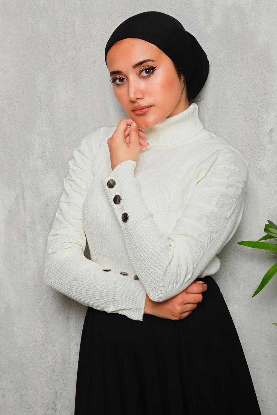 Tesettür giyim EKRU KOLLARI BÜZGÜLÜ TRİKO KAZAK 1092	