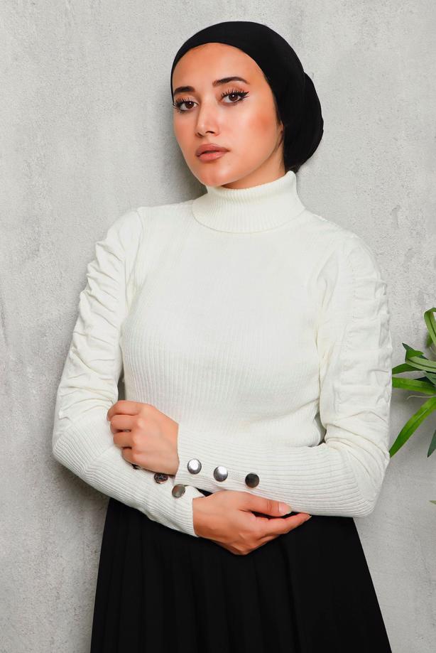 Vêtements hijab ÉCRU PULL EN MAILLE MANCHES SMOCKÉES 1092 - TRENDTESETTÜR