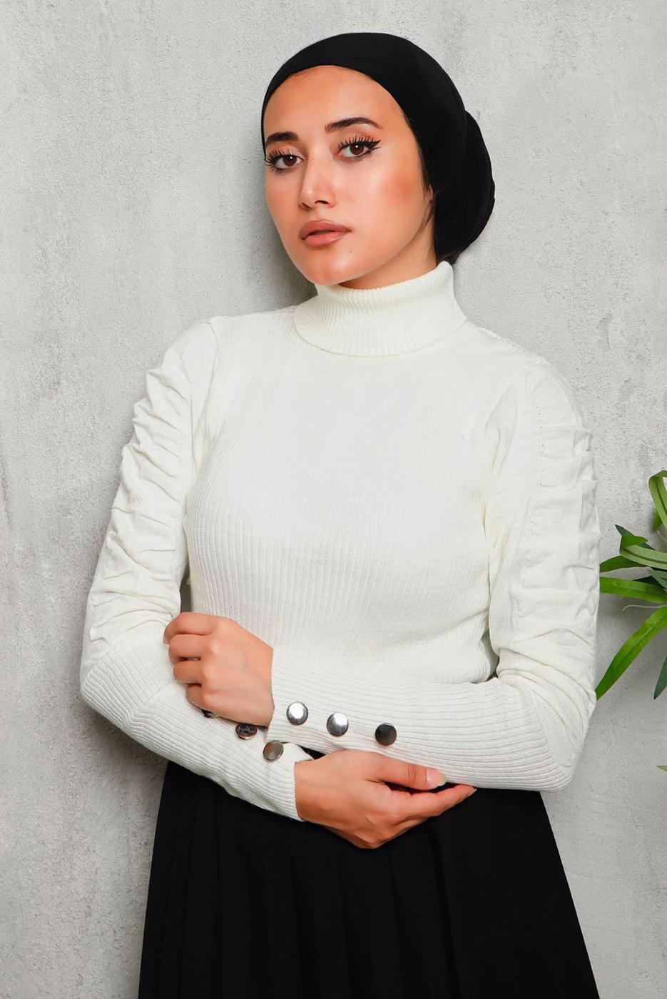Tesettür giyim EKRU KOLLARI BÜZGÜLÜ TRİKO KAZAK 1092	