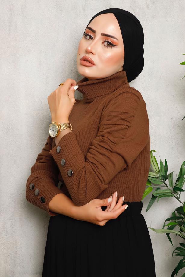 Vêtements hijab BRUN PULL EN MAILLE MANCHES SMOCKÉES 1092 - TRENDTESETTÜR