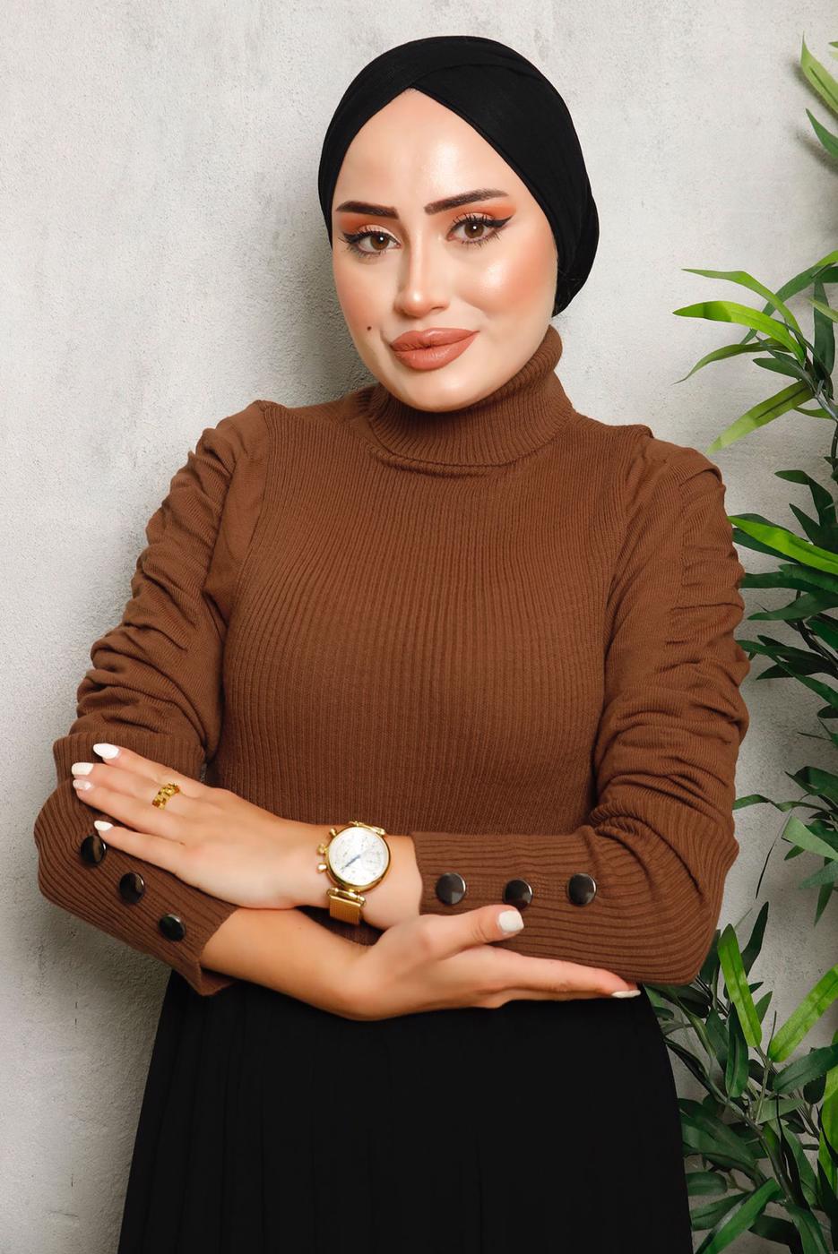 Tesettür giyim KAHVE KOLLARI BÜZGÜLÜ TRİKO KAZAK 1092	