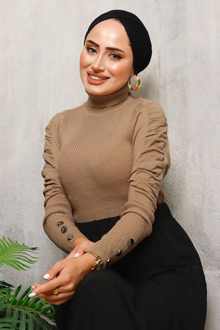 Tesettür giyim TABA KOLLARI BÜZGÜLÜ TRİKO KAZAK 1092	