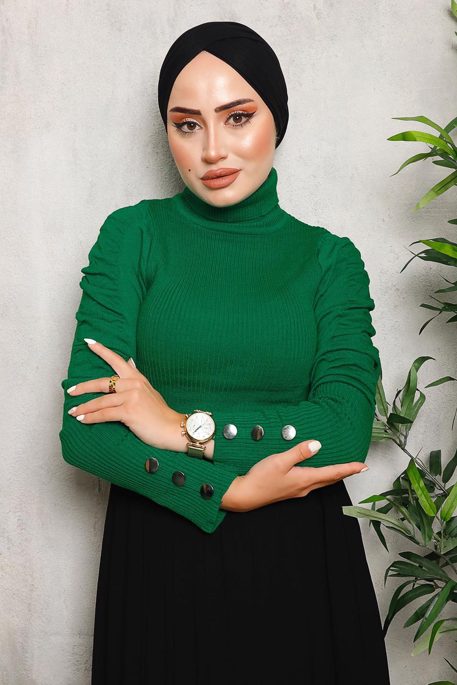 Tesettür giyim YEŞİL KOLLARI BÜZGÜLÜ TRİKO KAZAK 1092	