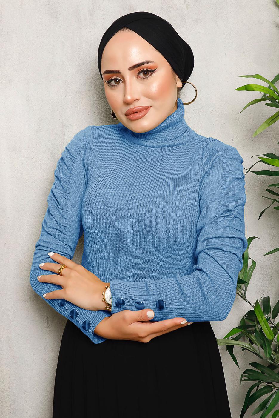 Tesettür giyim LACİVERT KOLLARI BÜZGÜLÜ TRİKO KAZAK 1092	