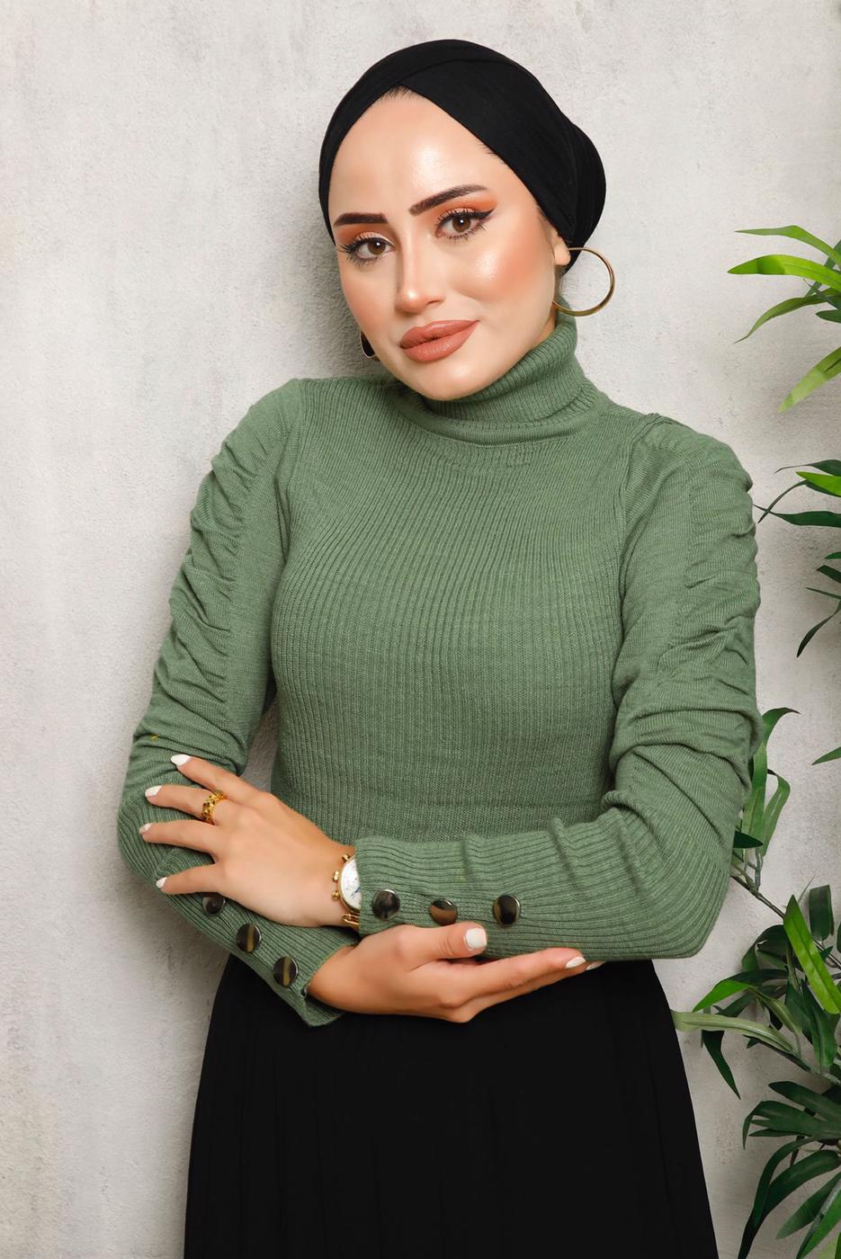 Tesettür giyim YEŞİL KOLLARI BÜZGÜLÜ TRİKO KAZAK 1092	