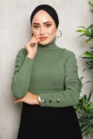 Tesettür giyim YEŞİL KOLLARI BÜZGÜLÜ TRİKO KAZAK 1092	