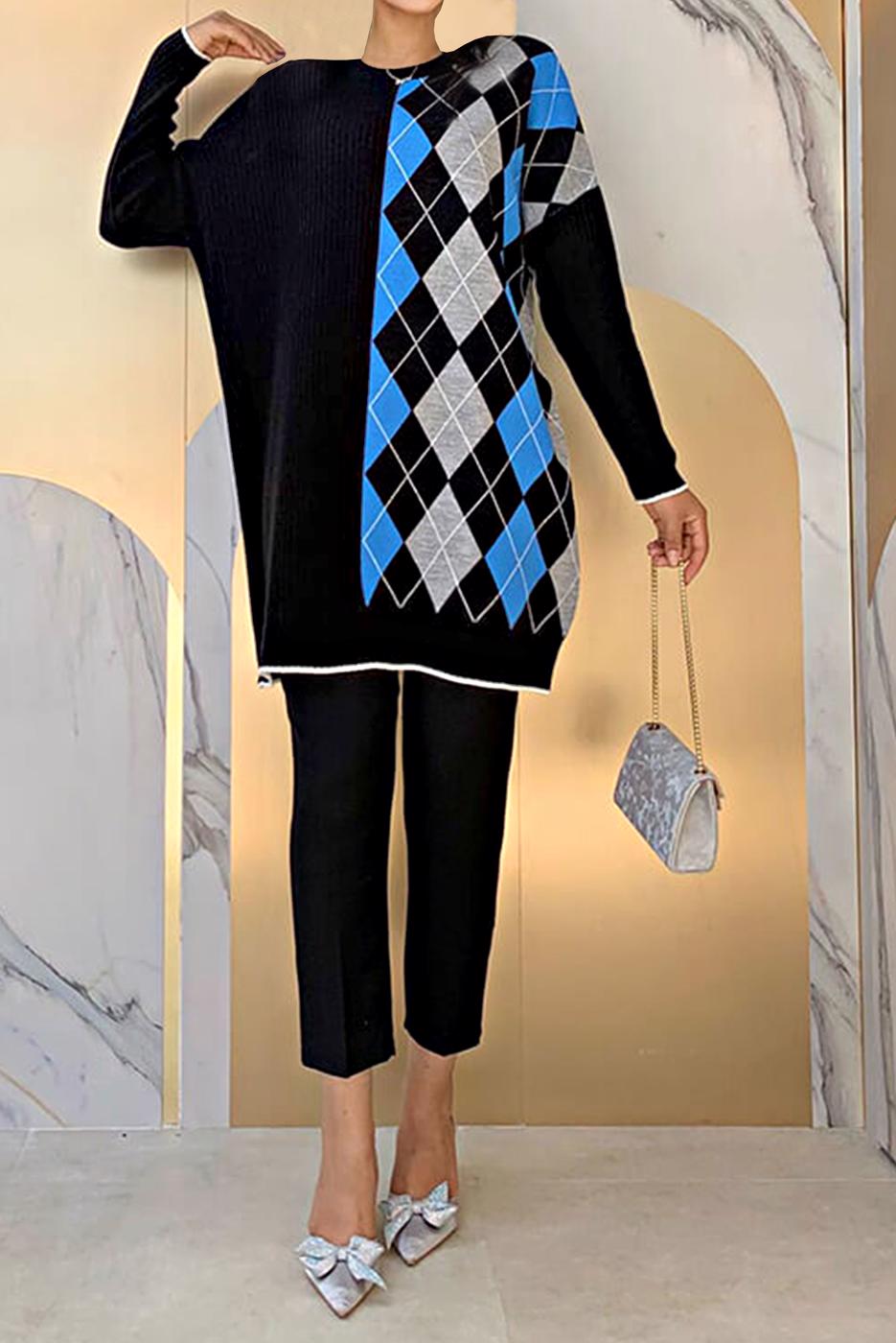 Tesettür giyim SİYAH BAKLAVA DESEN DETAYLI TRİKO TUNİK 1316	