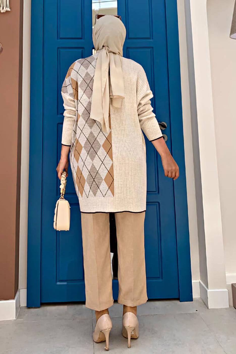 Tesettür giyim KAHVE BAKLAVA DESEN DETAYLI TRİKO TUNİK 1316	