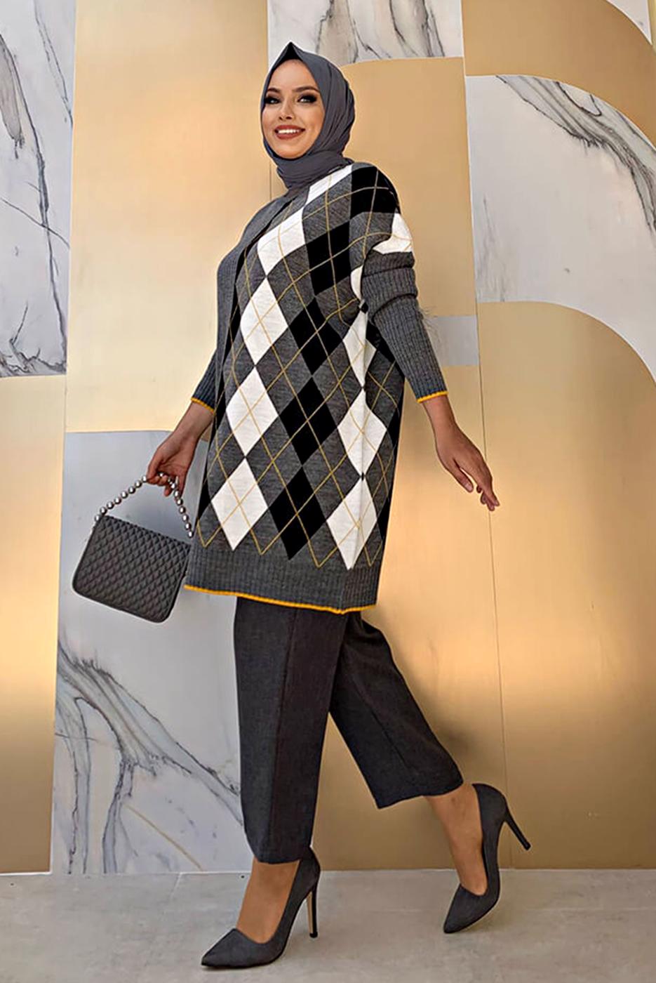 Tesettür giyim GRİ BAKLAVA DESEN DETAYLI TRİKO TUNİK 1316	