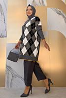 Tesettür giyim GRİ BAKLAVA DESEN DETAYLI TRİKO TUNİK 1316	