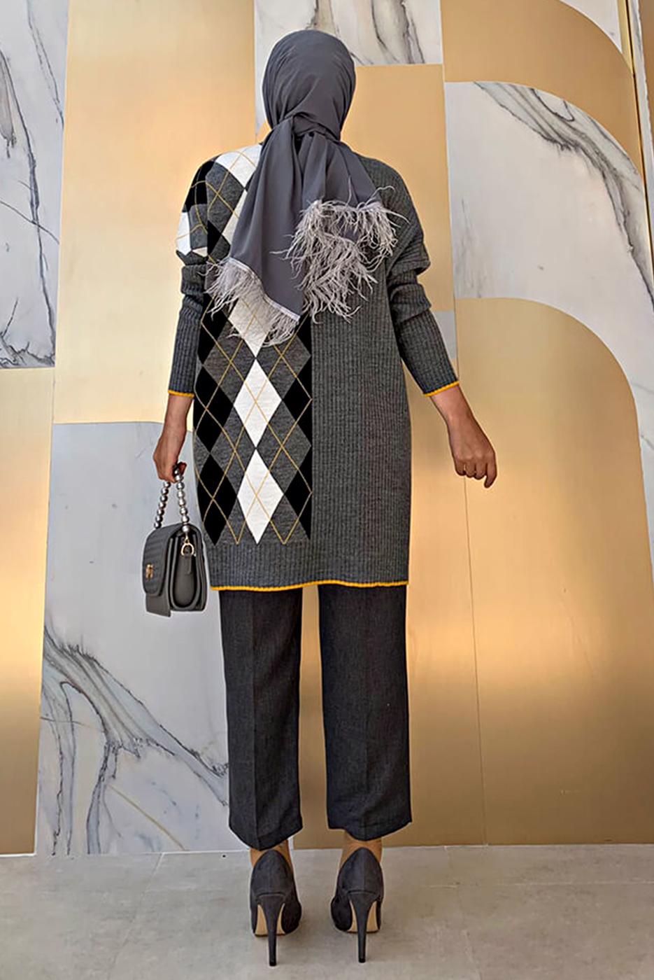 Tesettür giyim GRİ BAKLAVA DESEN DETAYLI TRİKO TUNİK 1316	