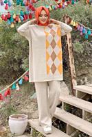 Tesettür giyim BEJ BAKLAVA DESEN DETAYLI TRİKO TUNİK 1316	