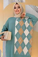 Tesettür giyim YEŞİL BAKLAVA DESEN DETAYLI TRİKO TUNİK 1316	