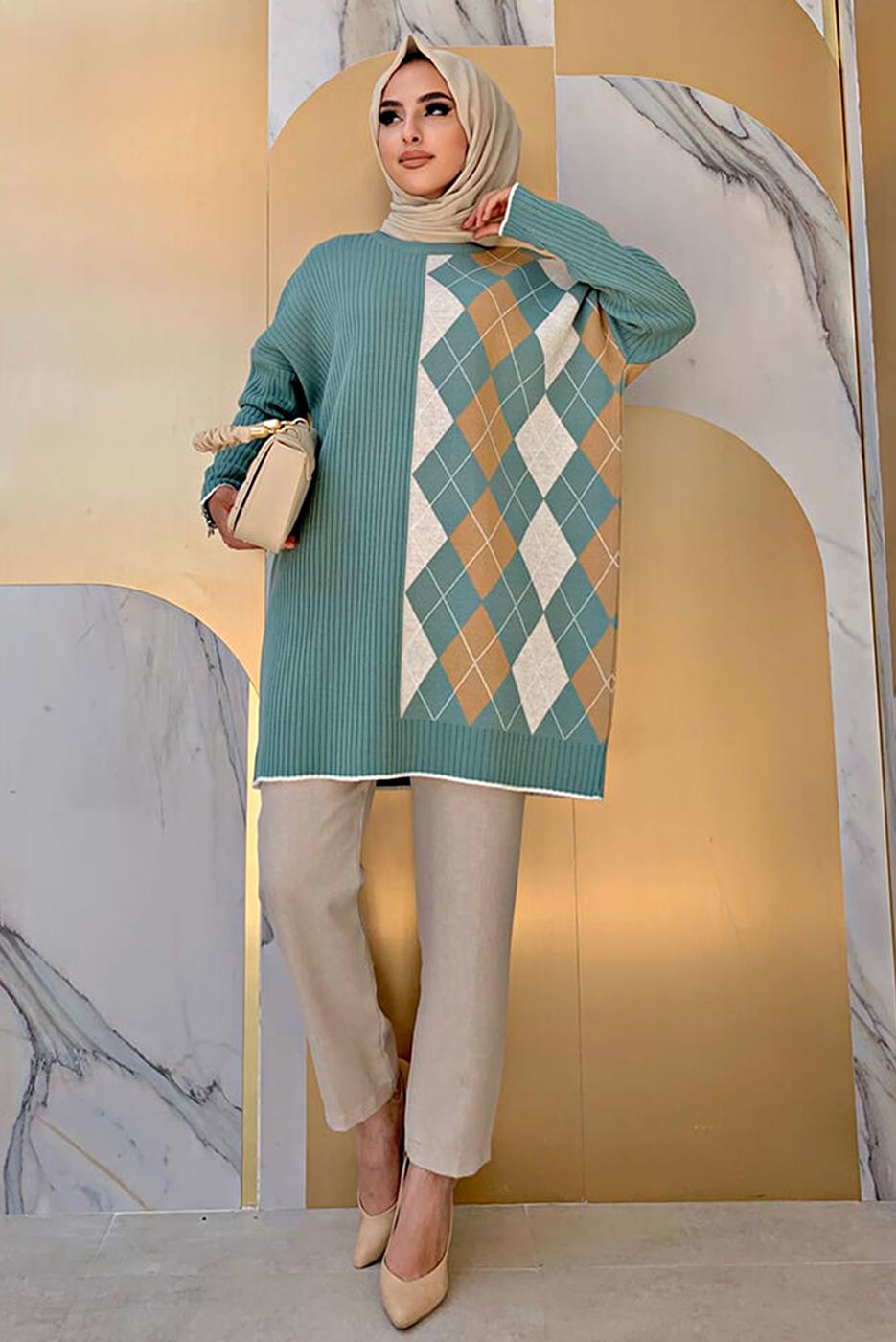 Tesettür giyim YEŞİL BAKLAVA DESEN DETAYLI TRİKO TUNİK 1316	