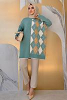 Tesettür giyim YEŞİL BAKLAVA DESEN DETAYLI TRİKO TUNİK 1316	
