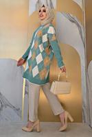 Tesettür giyim YEŞİL BAKLAVA DESEN DETAYLI TRİKO TUNİK 1316	