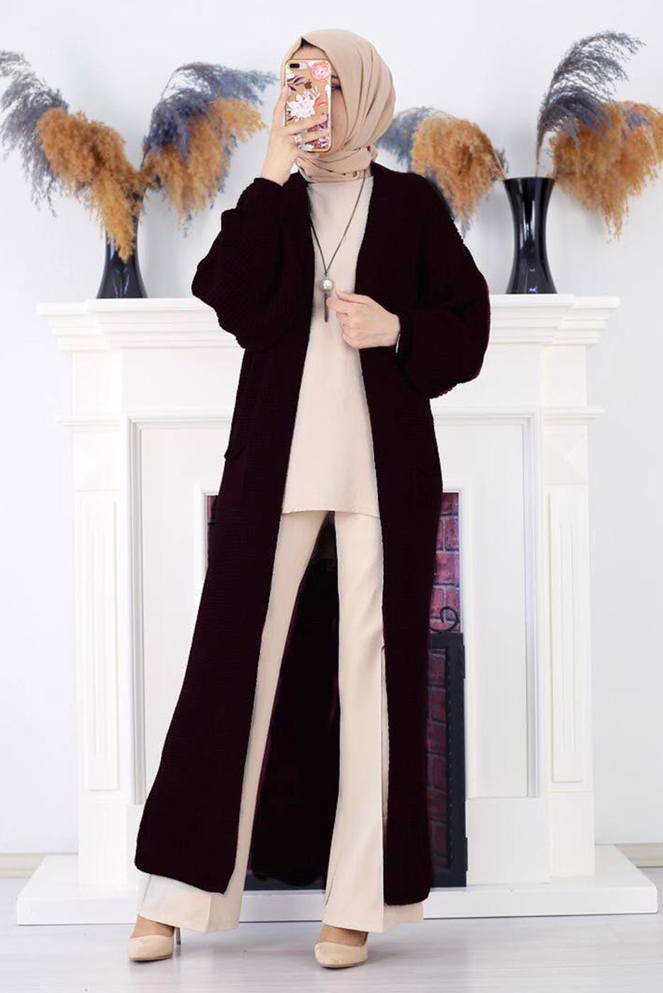 Tesettür giyim SİYAH CEPLİ UZUN TRİKO HIRKA 1608 