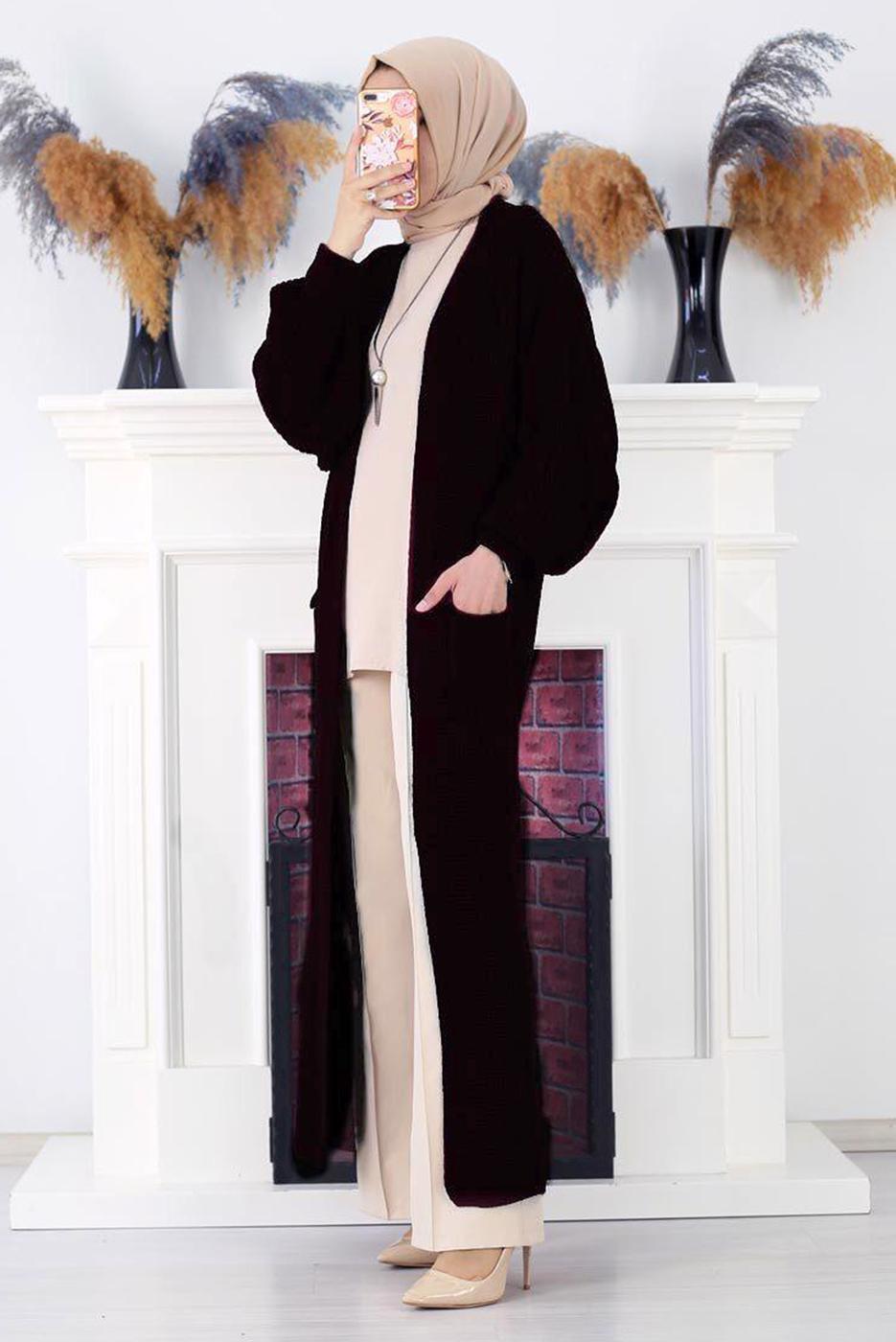 Tesettür giyim SİYAH CEPLİ UZUN TRİKO HIRKA 1608 