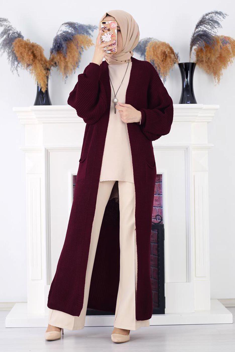 Tesettür giyim BORDO CEPLİ UZUN TRİKO HIRKA 1608 