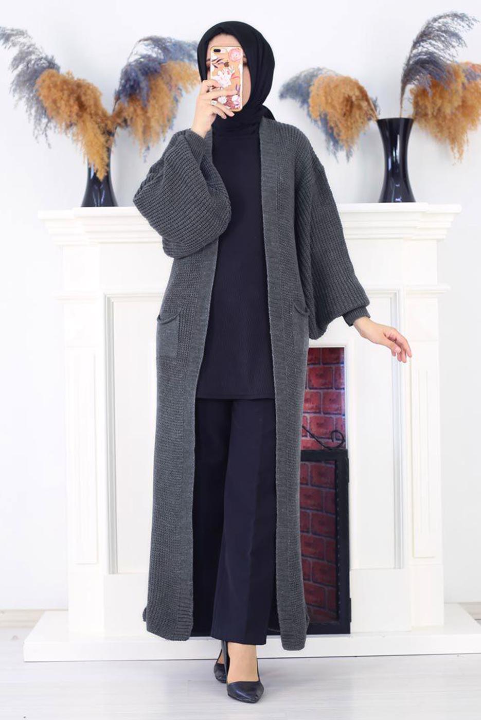Tesettür giyim GRİ CEPLİ UZUN TRİKO HIRKA 1608 