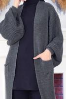 Tesettür giyim GRİ CEPLİ UZUN TRİKO HIRKA 1608 