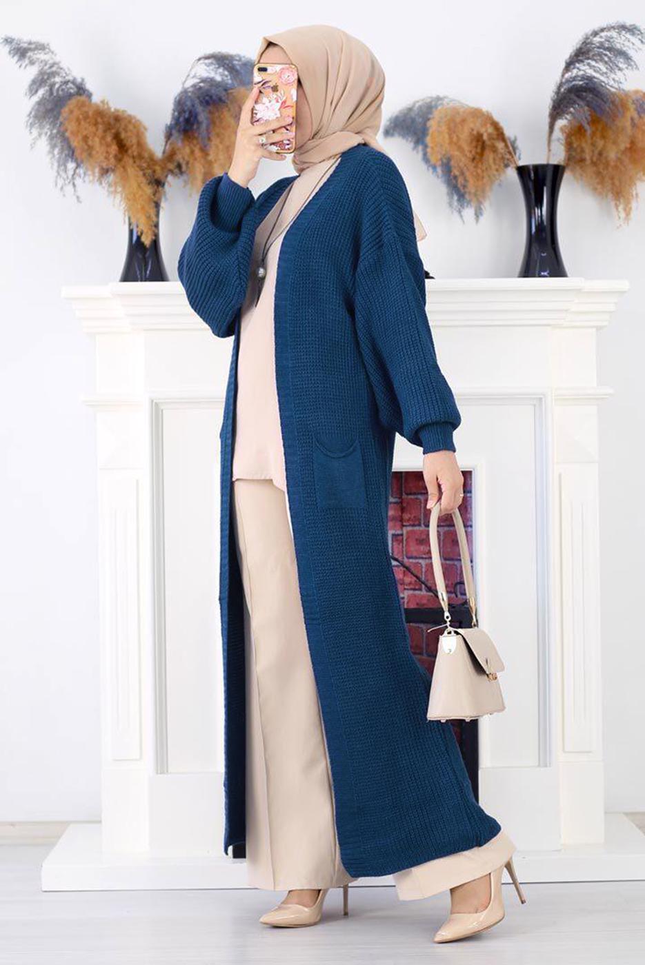 Tesettür giyim LACİVERT CEPLİ UZUN TRİKO HIRKA 1608 