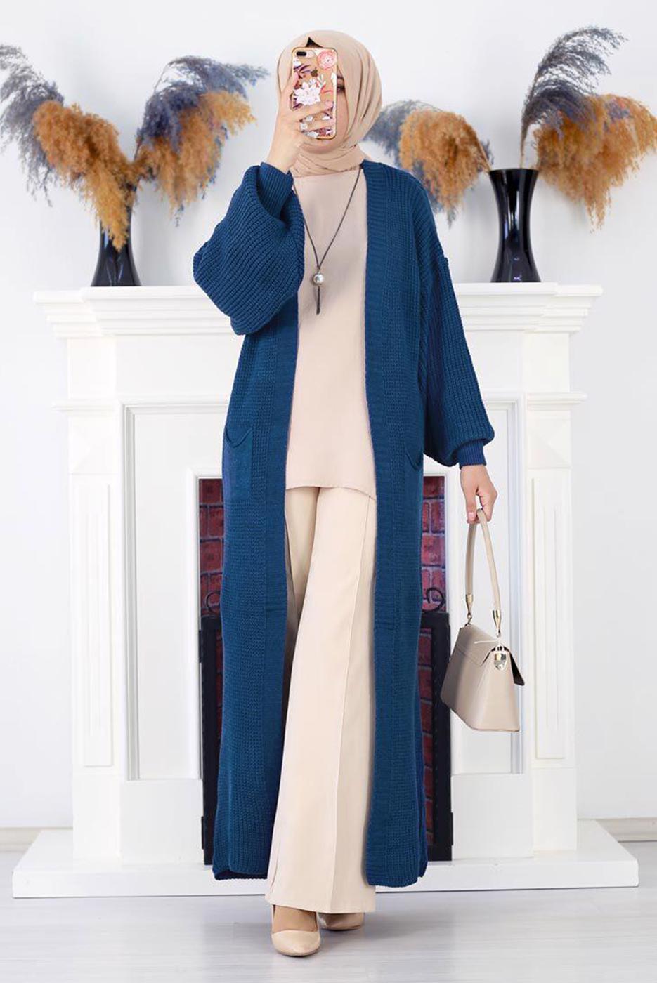 Tesettür giyim LACİVERT CEPLİ UZUN TRİKO HIRKA 1608 